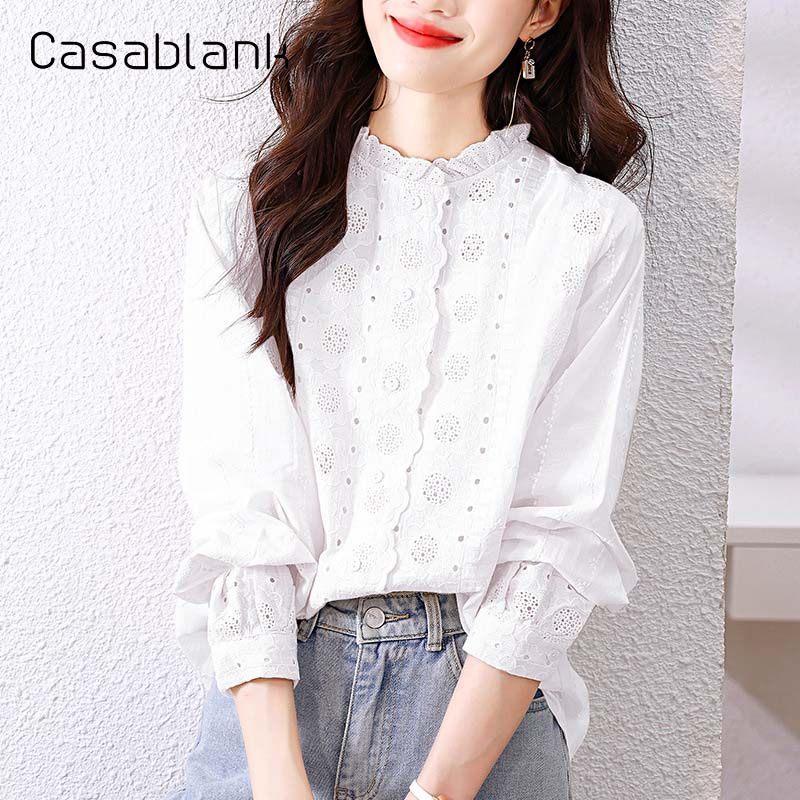 Casablank纯棉衬衫女装长袖时尚法式立领衬衣设计感花边刺绣上衣