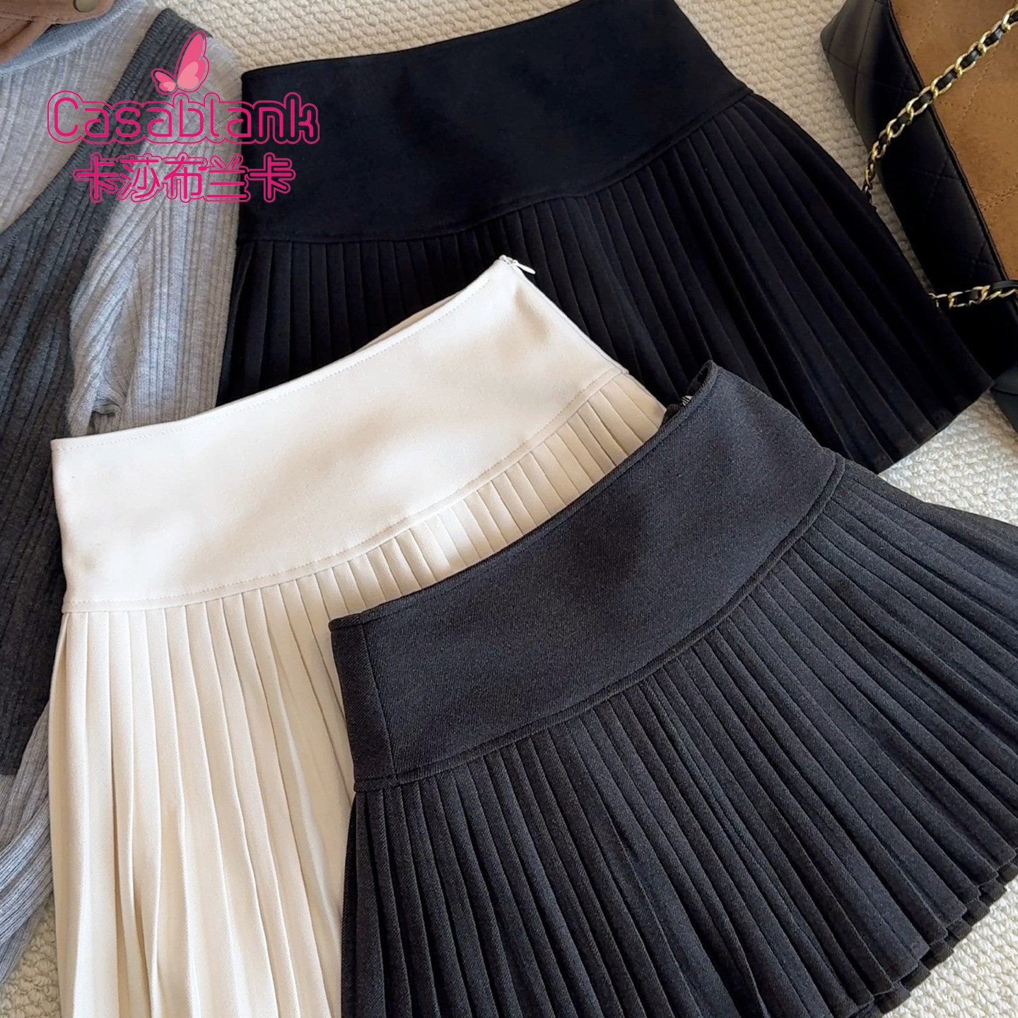 Casablank学院风毛呢高腰百褶半身裙日系A字裙小个子显瘦a字短裙