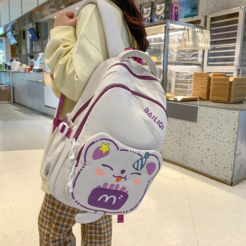 韩版书包女生小学生大容量双肩背包小熊头设计轻便电脑背包旅行