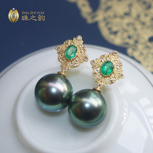 大溪地黑珍珠天然海水珍珠耳钉耳环18k金镶祖母绿钻石奢华宫廷风