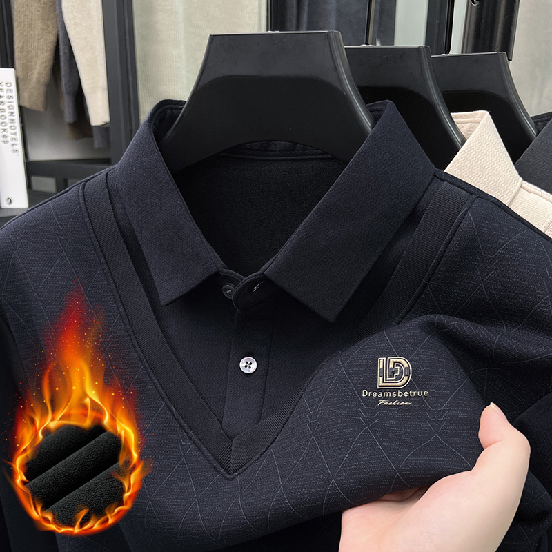 皮尔卡丹2025冬季新款男士假两件加绒毛衣爸爸装加厚针织打底衫男