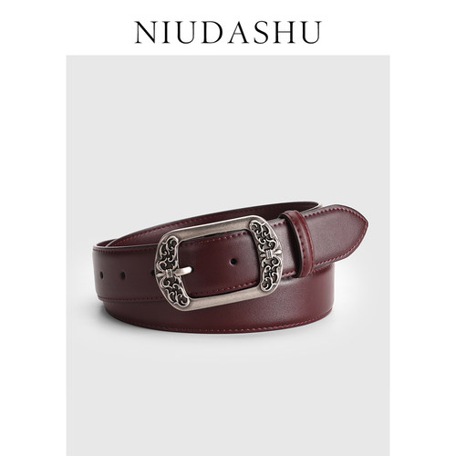 安可拉酒红色皮带女真皮装饰