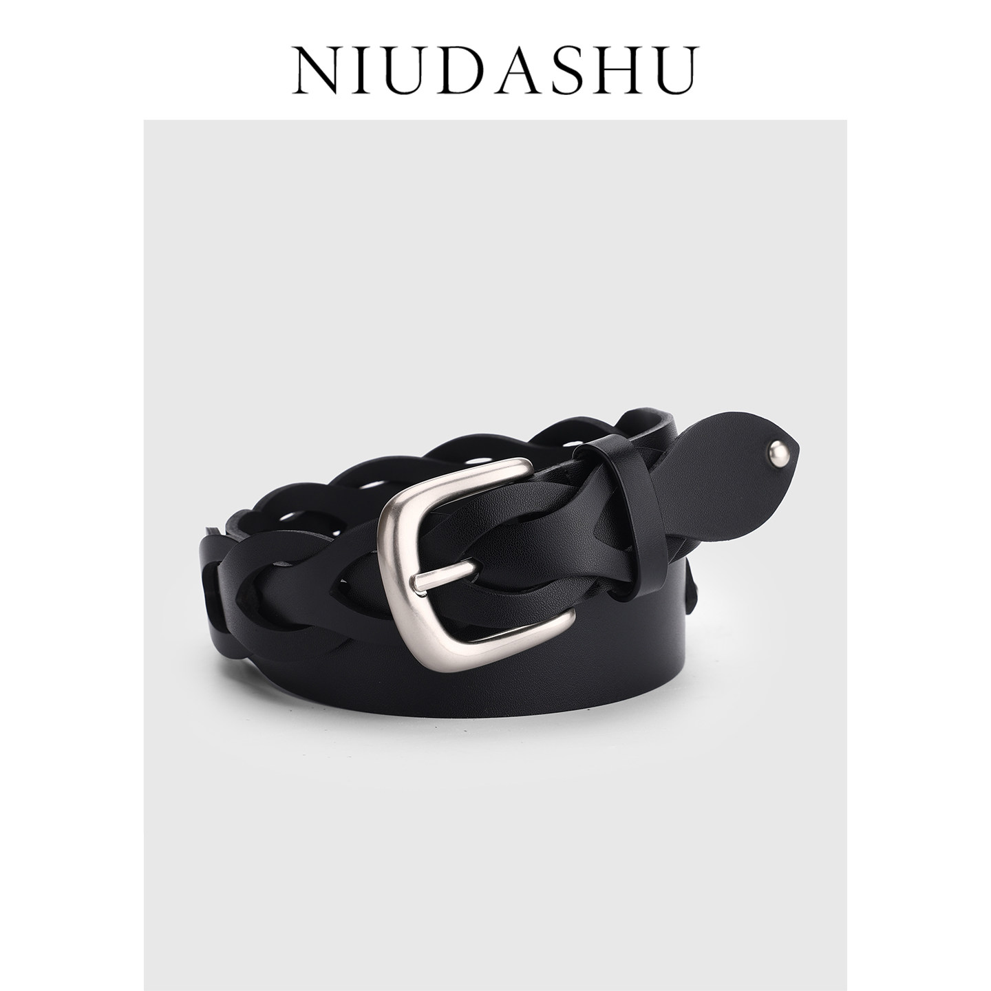 春季新款双色编织皮带真皮腰带女简约百搭镂空装饰扣免打孔潮显瘦