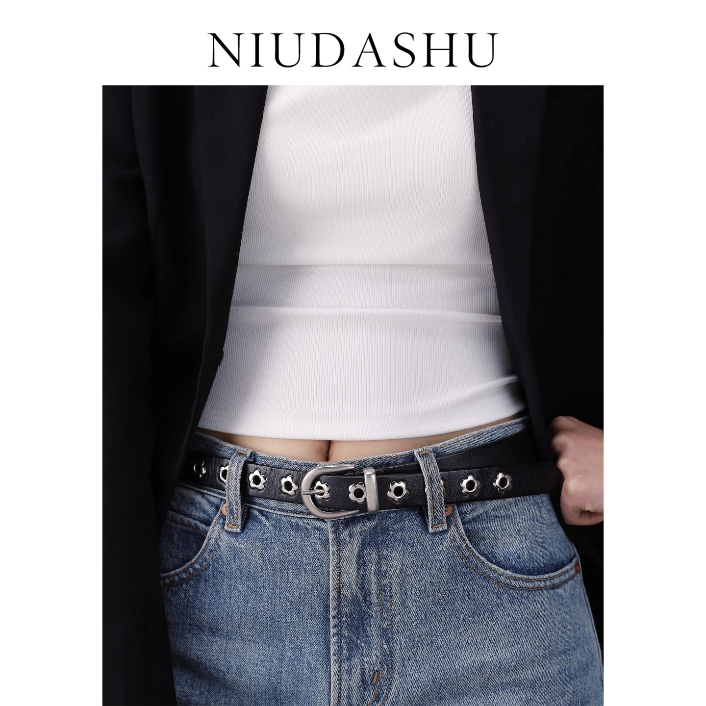 哥特风花朵形状皮带女头层牛皮装饰真皮免打孔百搭小众时髦腰带黑