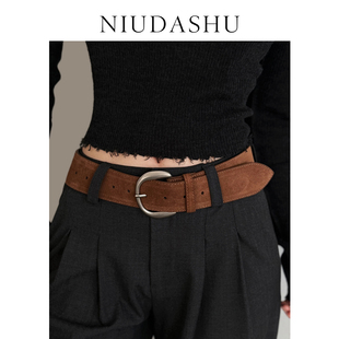 秋冬皮带女士真皮牛皮绒腰带女配牛仔裤复古做旧银色扣头腰封裤带