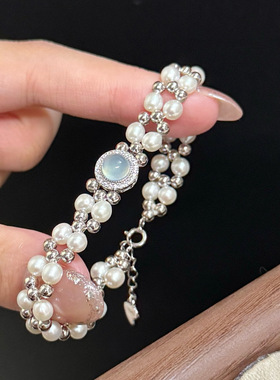 S925纯银海蓝宝编织手链女士时尚轻奢高级感天然淡水珍珠串珠手饰