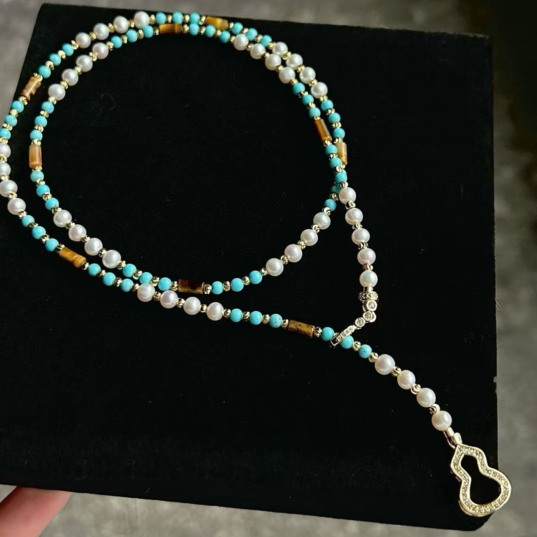 绿松石天然淡水珍珠项链女ins轻奢小众14K包金葫芦设计百搭毛衣链