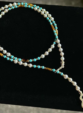 绿松石天然淡水珍珠项链女ins轻奢小众14K包金葫芦设计百搭毛衣链