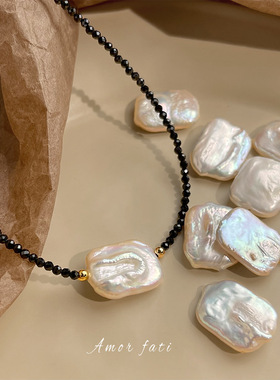 5A级巴洛克淡水珍珠项链法式轻奢黑尖晶锁骨链高级感镀18K金颈链