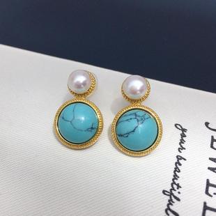 法式复古绿松石天然淡水珍珠耳钉女简约时尚小众高级珍珠耳饰礼物