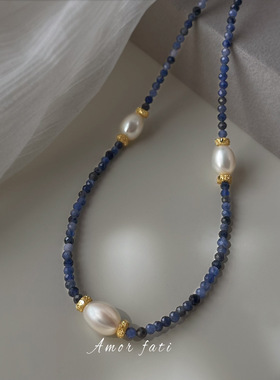 5A级淡水珍珠项链女复古天然蓝纹石锁骨链轻奢小众高级感叠戴颈链