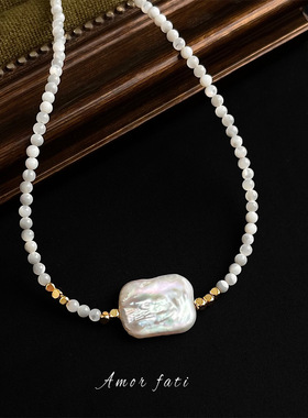 5A级巴洛克淡水珍珠项链法式复古白贝母串珠锁骨链轻奢高级感项饰