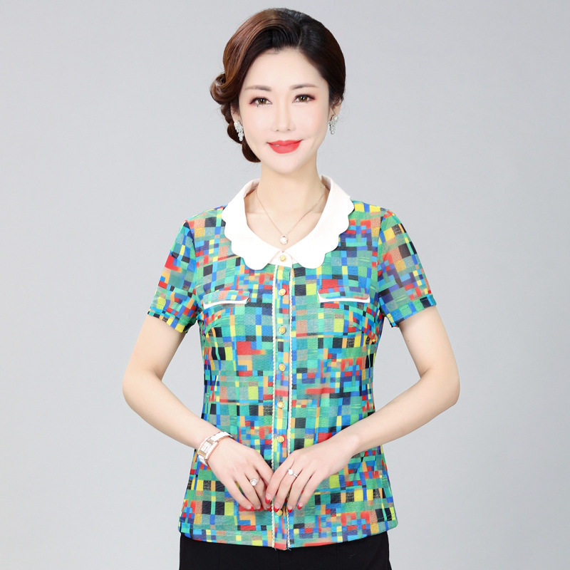 竹语声中老年女装台湾纱春夏杉上衣50妈妈装长短袖衬衫弹力翻领衫