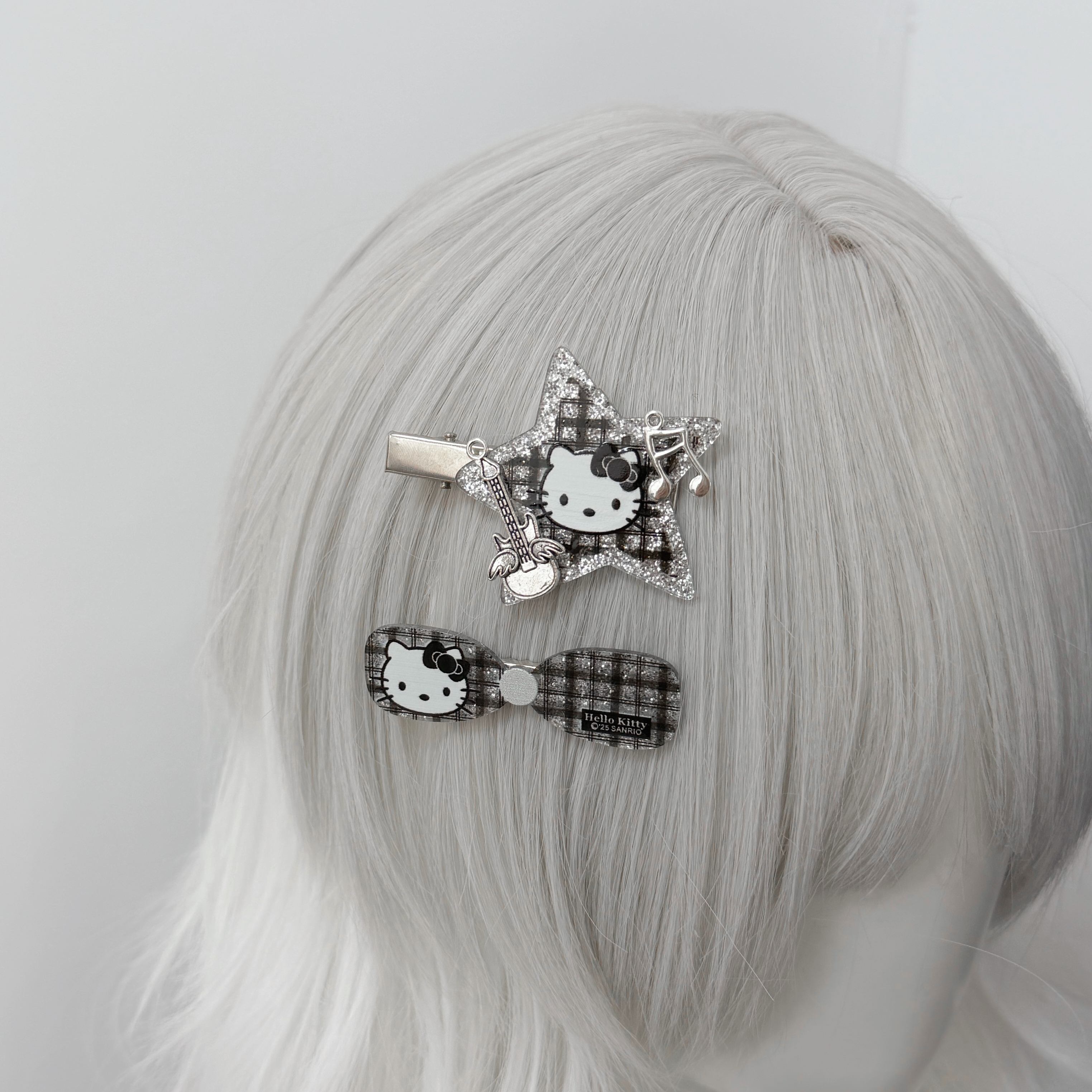 1Gangster Inn原创朋克KT猫细闪黑白吉他亚文化发夹刘海边夹发饰