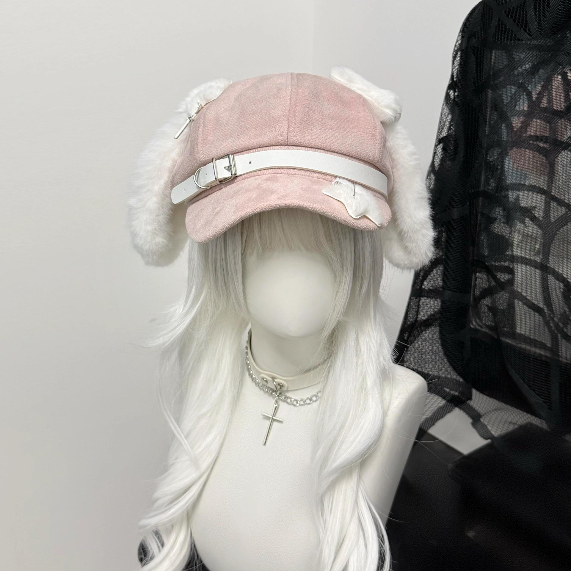 原创粉色小狗耳朵帽亚文化贝雷帽