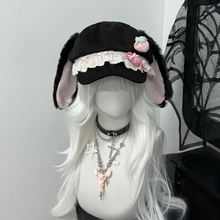 原创黑色粉色蓝色草莓软萌小兔帽亚文化贝雷帽女可爱八角帽lolita