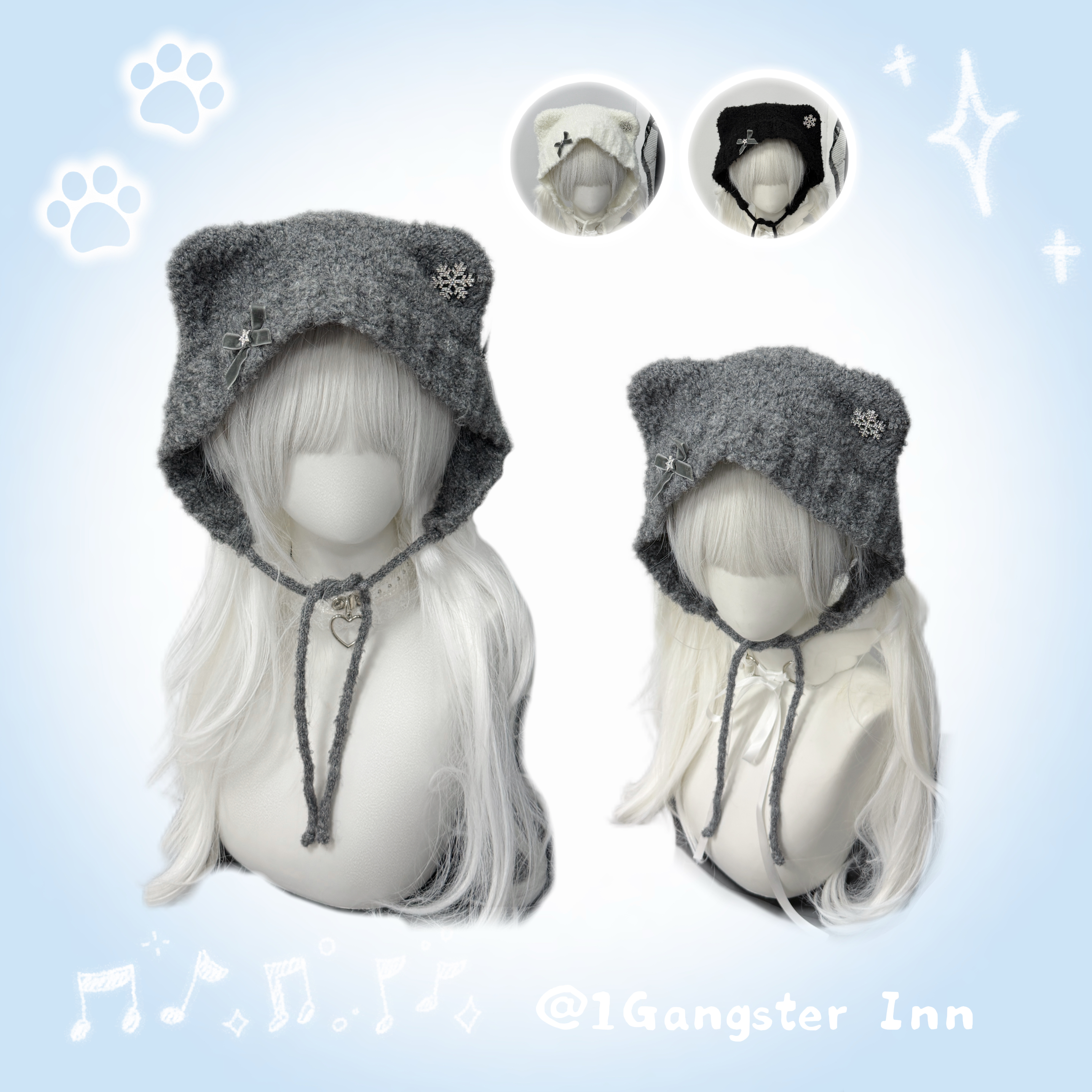 1Gangster Inn猫耳朵帽子秋冬季可爱毛线帽百搭显脸小保暖护耳