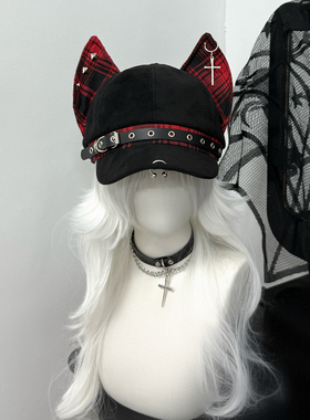 1GangsterInn原创杜宾狗八角帽水格纹拼接狗耳朵亚文化朋克贝雷帽