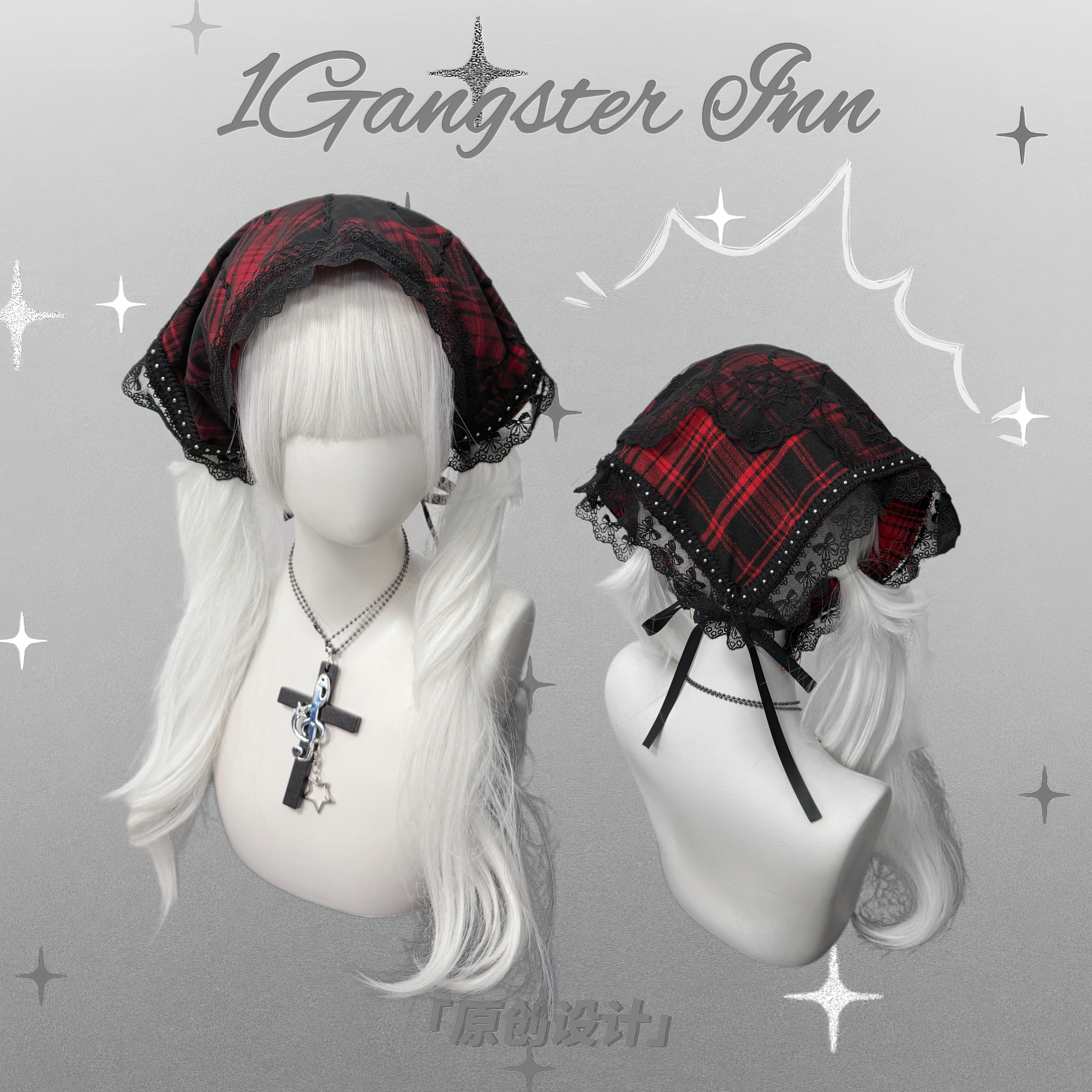 1GangsterInn 原创格纹哥特十字架lolita三角巾亚文化头巾头饰