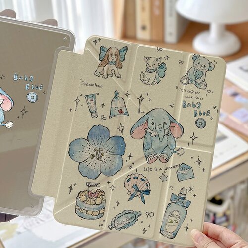 蓝色大象适用于三星Galaxy Tab S9 FE11英寸s7810系列11英寸PLUS 12.4英寸简约个性亚克力背板带笔槽3折