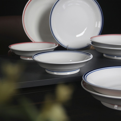 双线红蓝边盘小吃盘摆盘陶瓷高脚深盘中式简约圆形盘子创意大汤盘