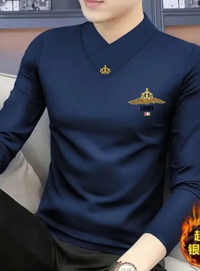 秋冬新款男士长袖t恤V领修身高端保暧打底衫加绒加厚内衣潮上衣服
