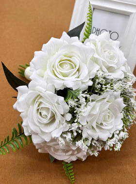 韩式新款仿真花婚纱摄影道具新娘手捧花白色玫瑰婚礼布置装饰花束