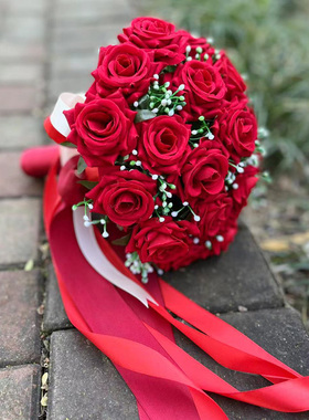 韩式仿真手捧花新娘结婚绸缎永生花红玫瑰花摄影婚礼手捧花束高档