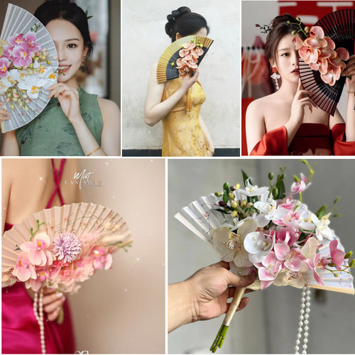 中式新娘拍照道具晨袍扇子手捧花
