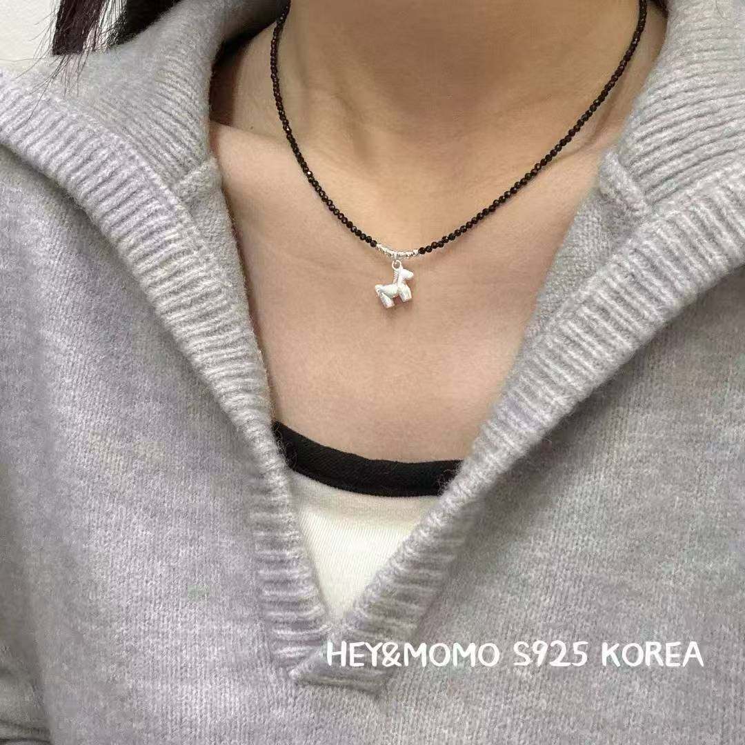 12.15直播韩国momo银饰拉丝银小马黑曜石项链925银