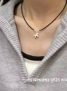 12.15直播韩国momo银饰拉丝银小马黑曜石项链925银