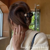 17mart韩国发饰复古黑色丝绒珍珠抓夹优雅后脑勺发抓简约盘发卡子