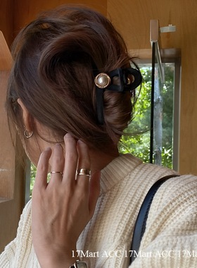 17mart韩国发饰复古黑色丝绒珍珠抓夹优雅后脑勺发抓简约盘发卡子