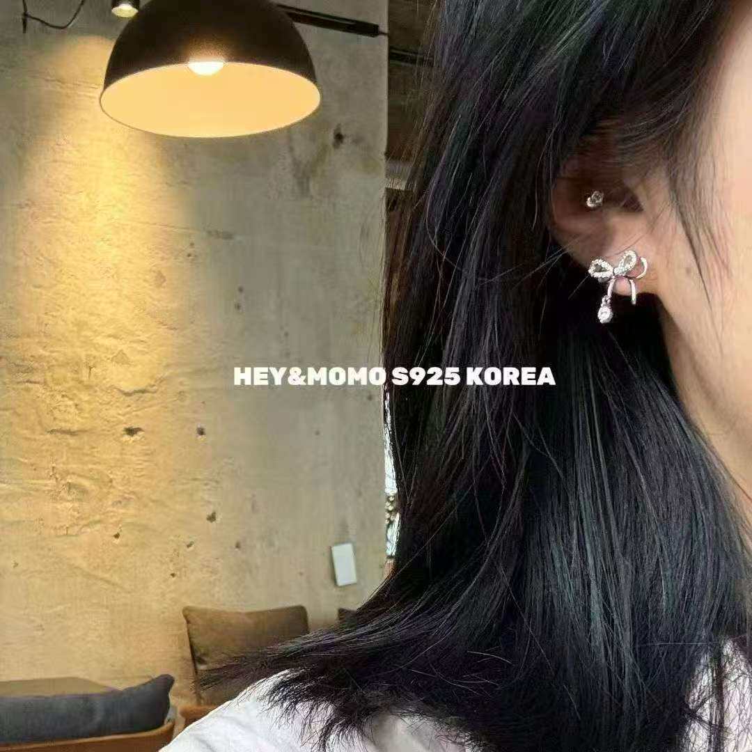 12.15直播韩国momo银饰双层飘带蝴蝶结钻钻耳钉项链925银