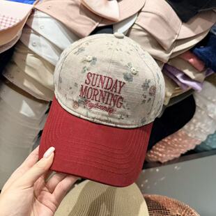 3.18韩国东大门the hat二号店拼色复古碎花字母刺绣鸭舌帽