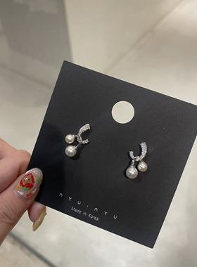 9.19韩国nyunyu饰品 交叉珍珠水钻简约耳钉