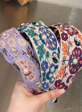 7.23韩国baket发饰刺绣珍珠钻宽发箍