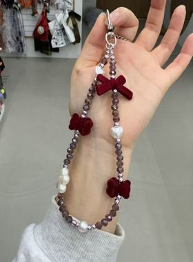 11.23韩国饰品maylee手工小亮珠植绒小熊蝴蝶结串珠手机链挂链