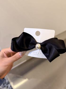 12.30韩国东大门baket发饰缎面珍珠黑色蝴蝶结弹簧夹简约