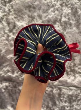 11.9韩国东大门Trois de LEI小众条纹撞色毛呢蕾丝大肠发圈