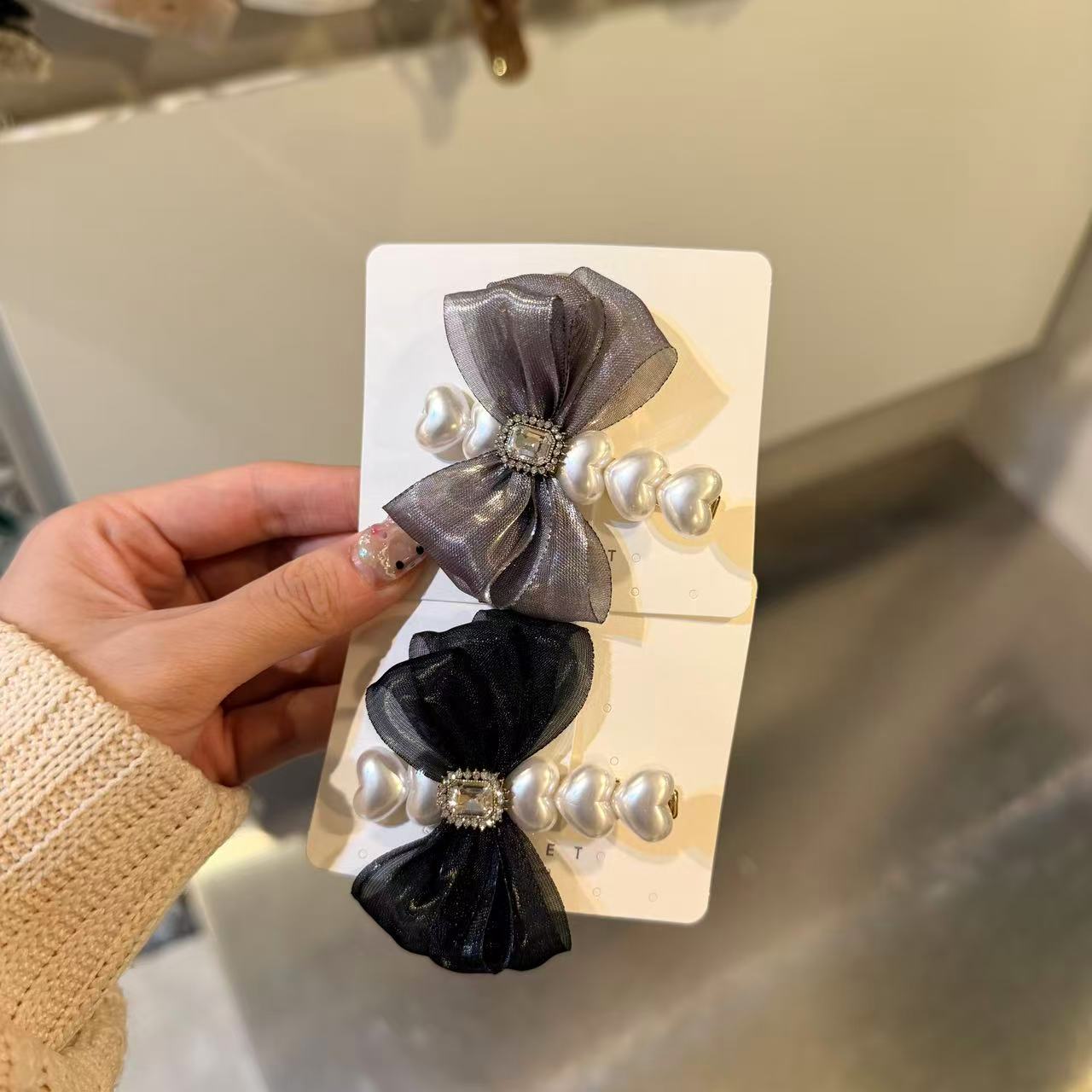 12.2韩国东大门baket发饰水光纱纱蝴蝶结珍珠一字夹发夹边夹