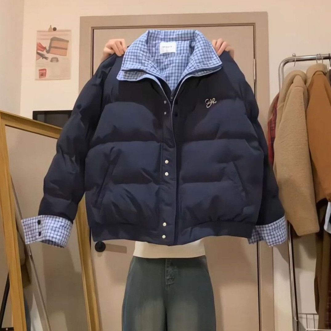 美式复古格纹拼接假两件