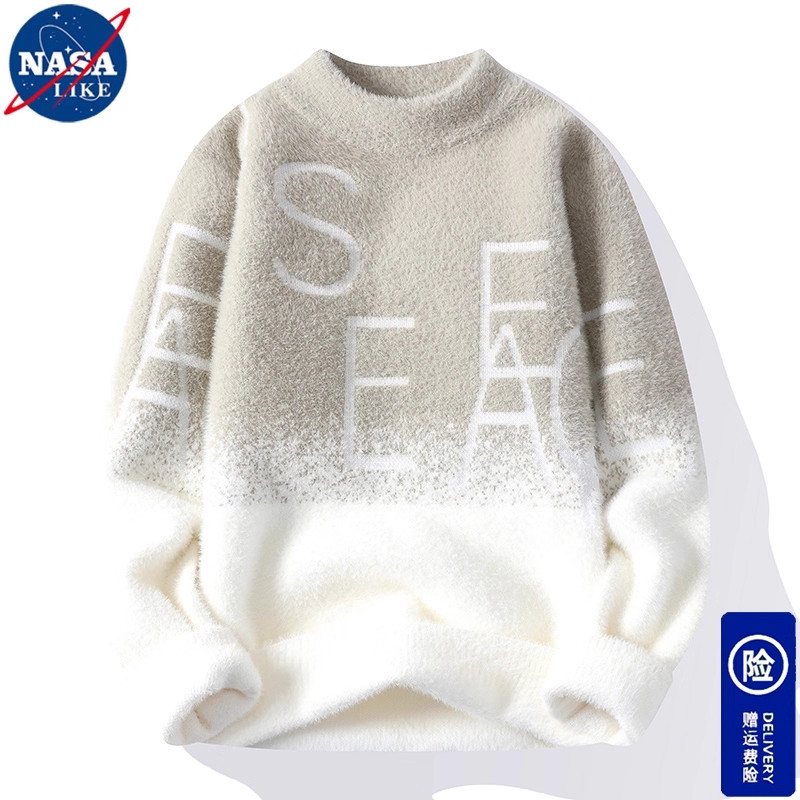 NASA联名水貂绒毛衣男秋冬季半高领毛线衣衫ins加厚打底衫潮宽松