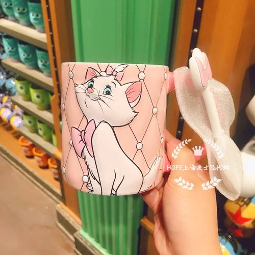 HOPE上海迪士尼代购 玛丽猫带勺子马克杯陶瓷杯子 Disney礼物水杯