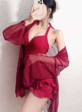 纯欲红色连体泳衣女罩衫防晒两件套钢托聚拢性感露腰美背度假三亚