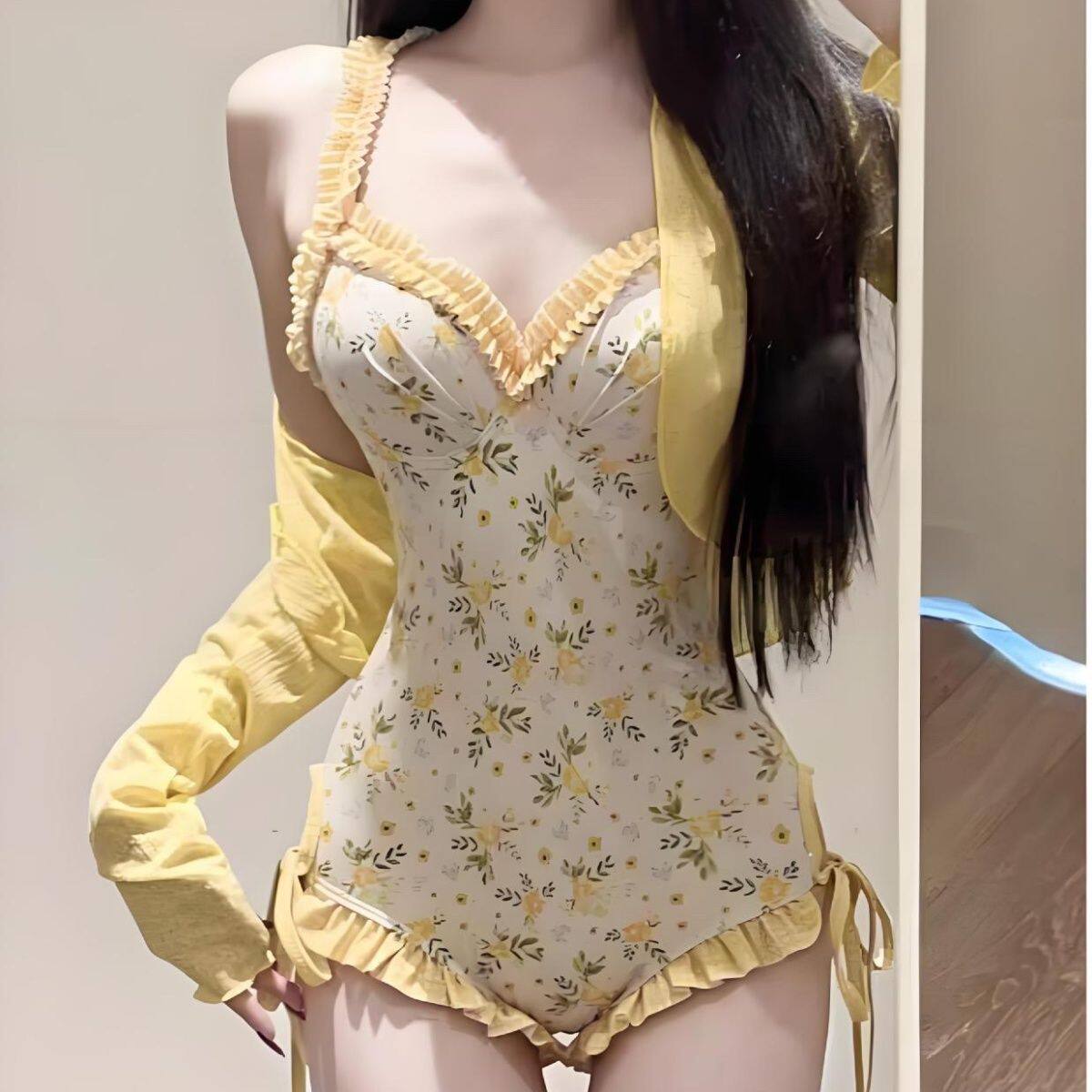 新款柠檬黄碎花纯欲风甜美连体2件套长袖罩衫游泳衣女泡温泉泳衣