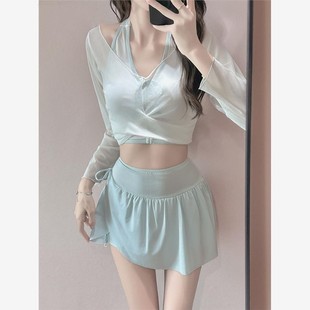 防晒遮肚分体裙式 长袖 三件套温泉 甜美少女纯欲风高腰罩衫 泳衣女款