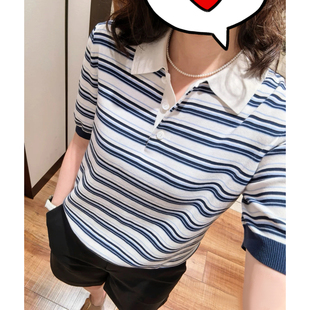 Juicefish气质挂 棉质包芯纱 四平针条纹宽松短袖 polo领针织衫
