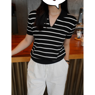 Juicefish大店1200+秋夏zz顶白蚕丝短袖T高级斯文条纹V领针织上衣