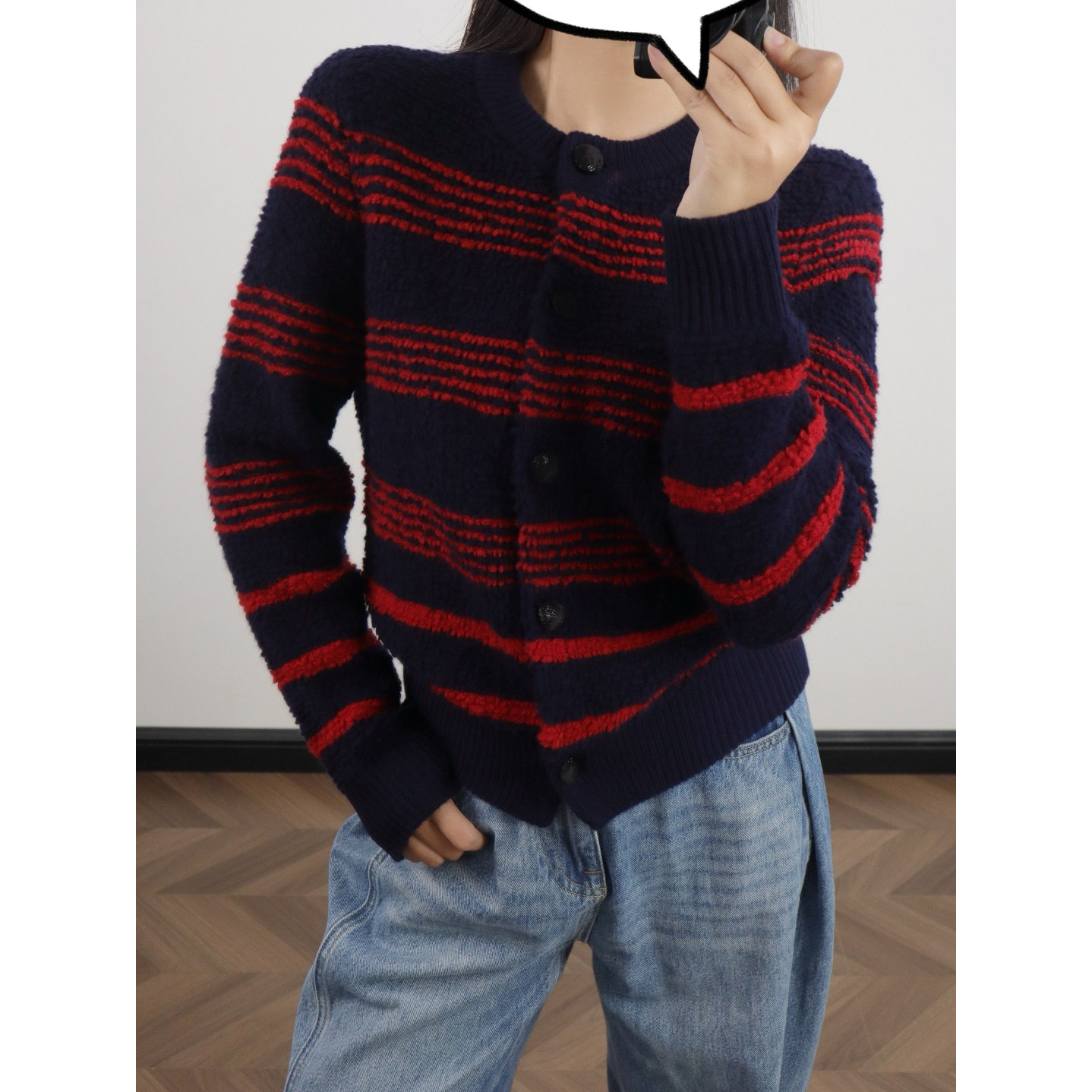Juicefish随性高级艺术生！午夜蓝酒红条纹圆领长袖针织开衫外套